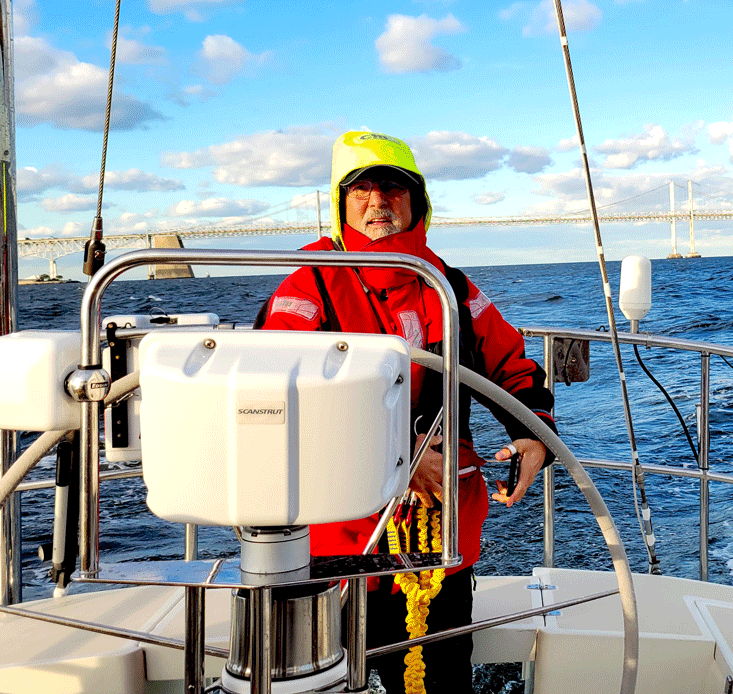 Skipper at helm